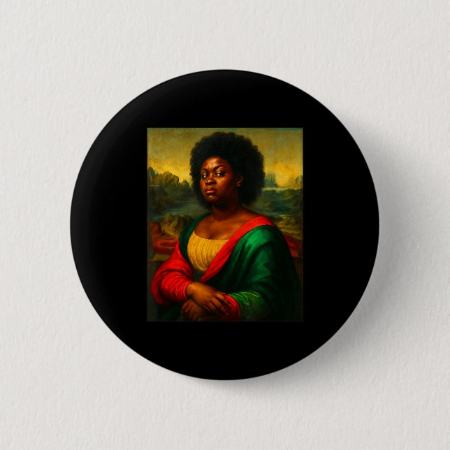 Svart Mona Lisa Sidoblick Afro Kvinna Svart Histor Knapp (Framsida)