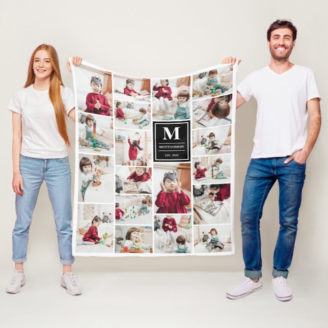 Svart monogram 19 Bilder fotokollage Fleecefilt (På plats)