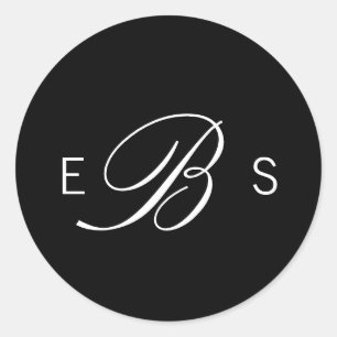 Svart monogram circle Wedding Stickers, Elegant Runt Klistermärke
