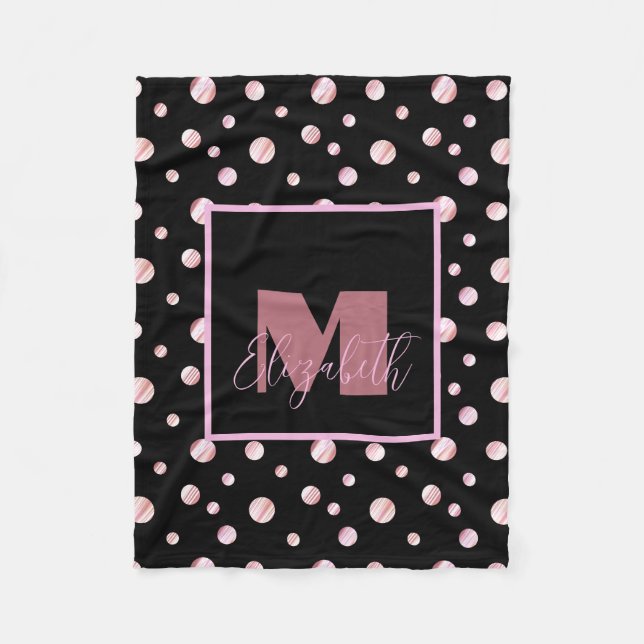 Svart monogram, eget namn Polka dots Geometric Ci Fleecefilt (Framsidan)