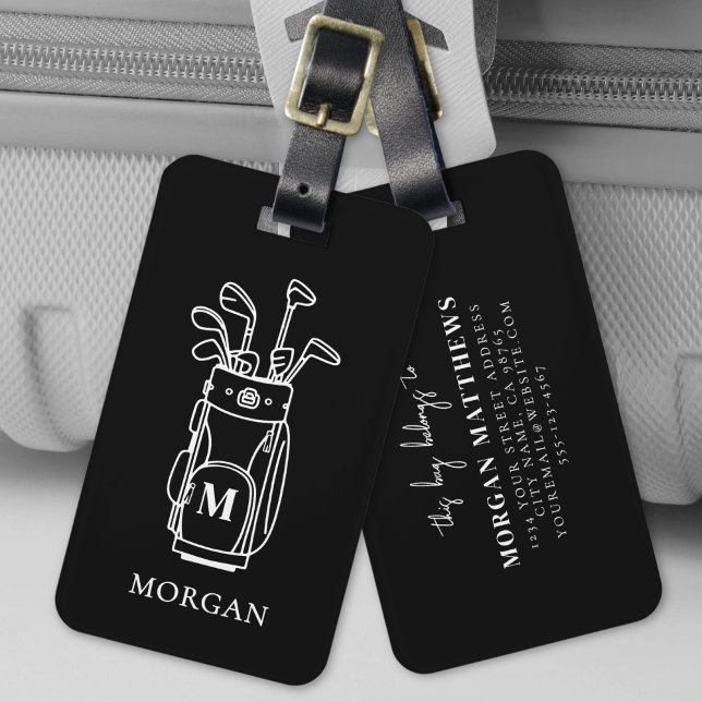 Svart monogram golfväska bagagebricka (Black Monogram Golf Bag Luggage Tag)