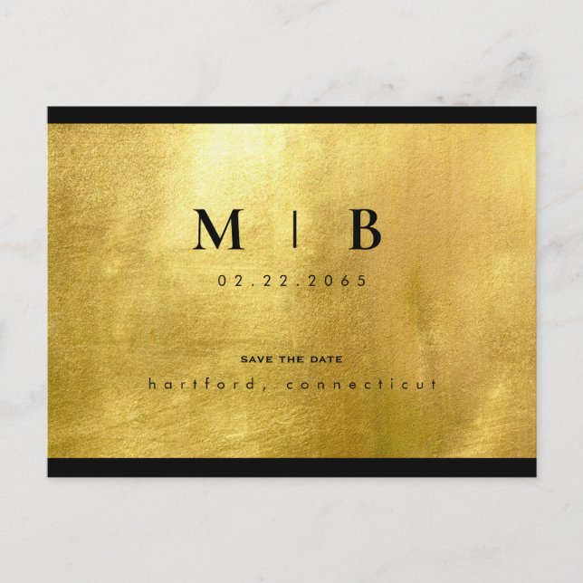 Svart Monogram & Guld Sleek Spara datum Meddelande Vykort (Framsida)