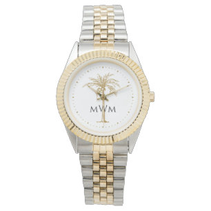 Svart Monogram Konstnärlig Guld Palmträd Tropisk Armbandsur