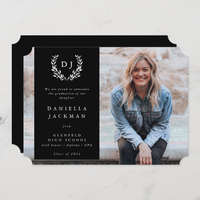 Svart Monogram Laurel Wandan Studenten Photo Meddelande (Fram/baksida)