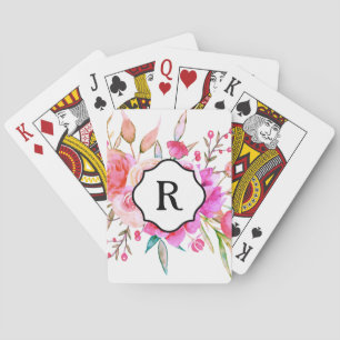Svart monogram på djup rosa vattenfärg bukett casinokort