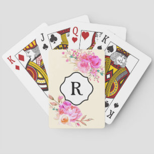 Svart monogram på djuprosa vattenfärg buketter casinokort