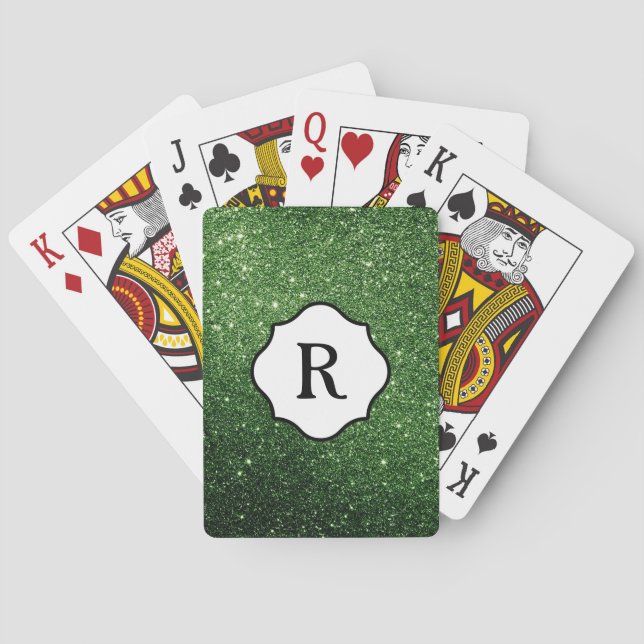 Svart monogram på glittrande mörkgrön glitter casinokort (Baksidan)