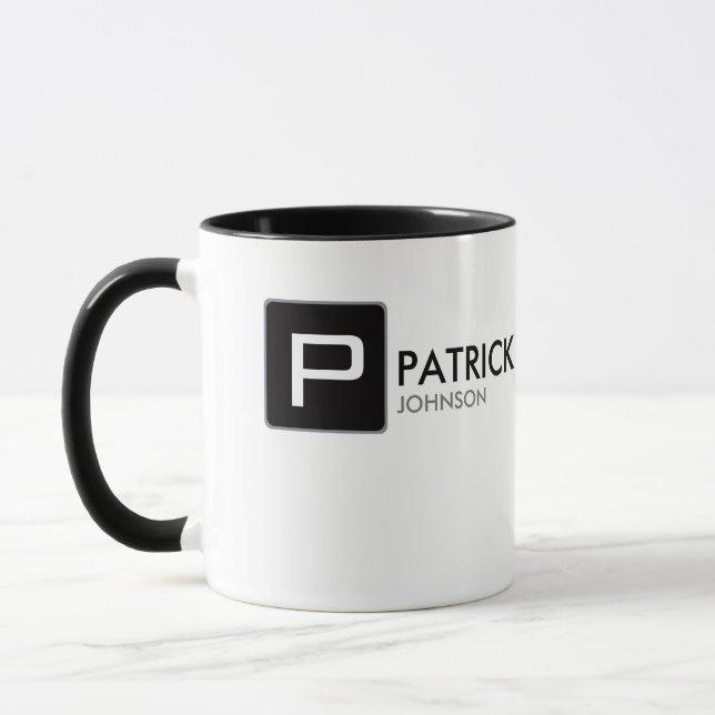 svart monogram på vit personlig mugg (Vänster)