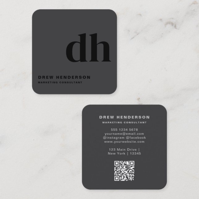 Svart Monogram Professionell Qr-kod  Fyrkantigt Visitkort (Fram/baksida)