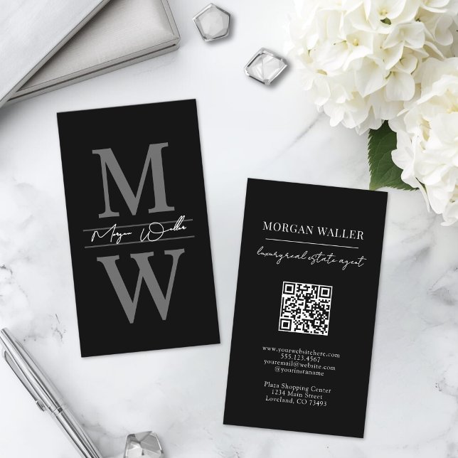 Svart monogram professionell vertikal visitkort (Vertical Monogram Black Professional Business Card)