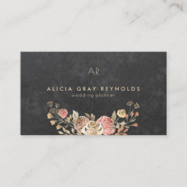Svart Monogram Watercolor Blommigt Bröllopsfixaren Visitkort