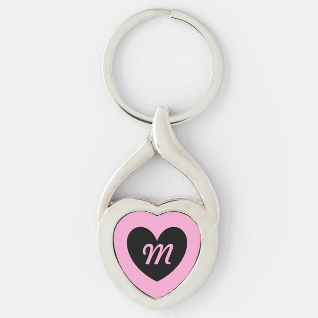 Svart monogramhjärta på bomullscandypink twisted heart silverfärgad nyckelring (Framsidan)