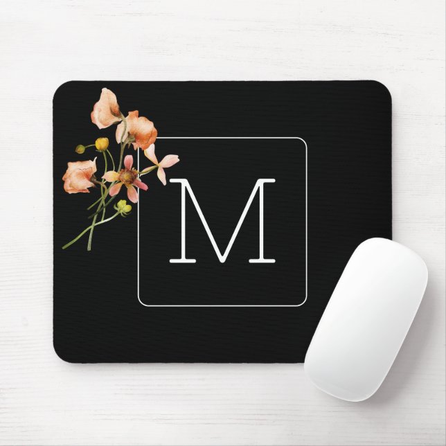 Svart monogrammad minimal Blommigt Musmatta (Med mus)