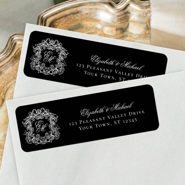 Svart monogrammärke för returadress till bröllop etikett (Skapare uppladdad)