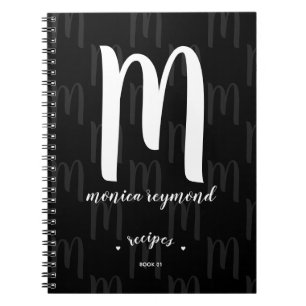 Svart monogrammat recept bok för kocken anteckningsbok med spiral