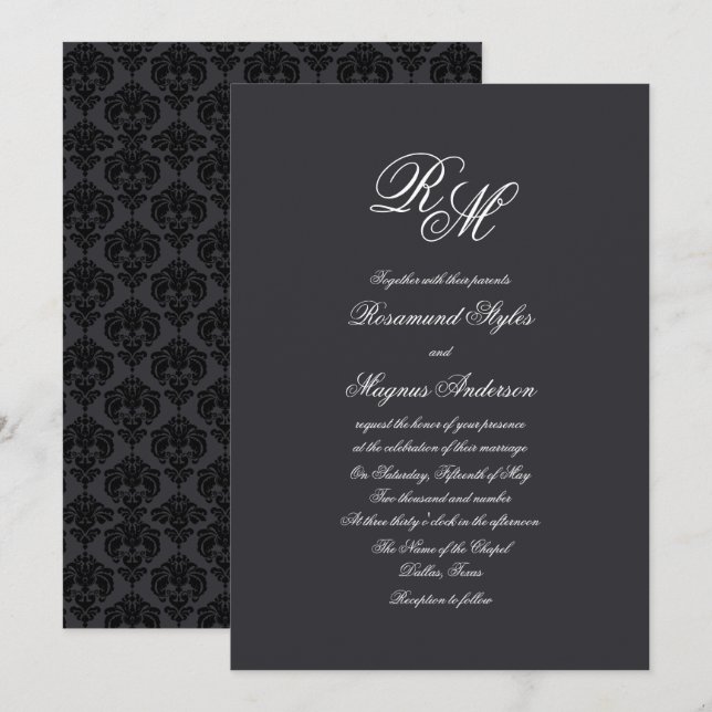 Svart Monogrammed bröllop för damast | Inbjudningar (Fram/baksida)