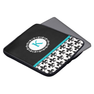 Svart Monogrammed Fleur de Lis för Aqua laptop Laptop Sleeve