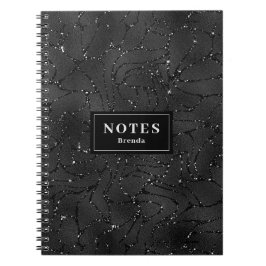 Svart monokromatisk glitterbakgrund, ritsträng anteckningsbok