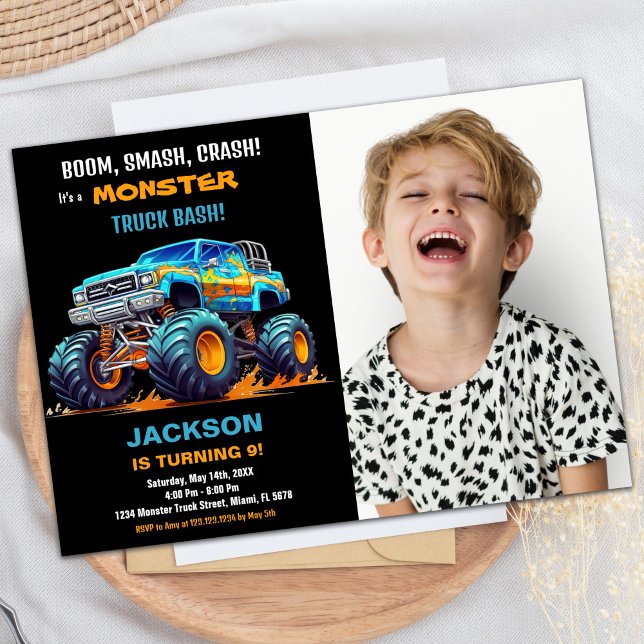 Svart monster Lastbil födelsedag - foto på födelse Inbjudningar (Black Monster Truck Birthday Invitations Photo)