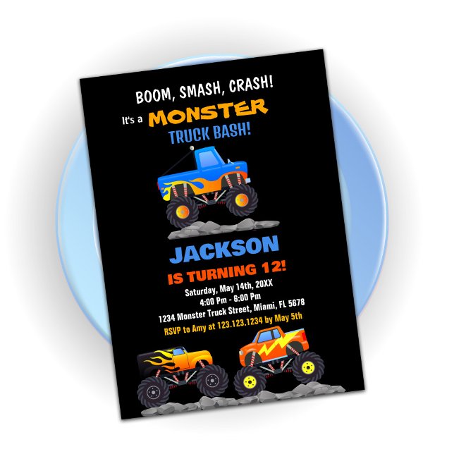 Svart Monster Lastbil-födelsedagsinbjudan Inbjudningar (Monster Truck Birthday Invitations Black)