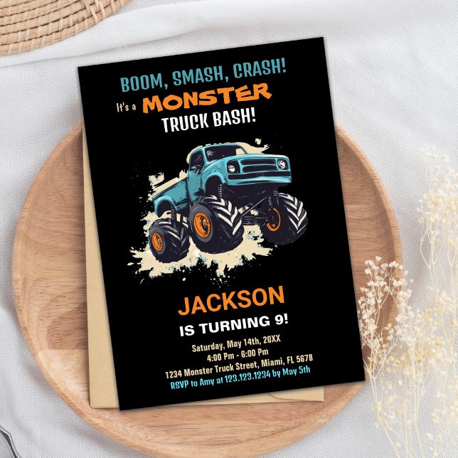 Svart Monster Lastbil-födelsedagsinbjudan Inbjudningar (Monster Truck Birthday Invitations Black)