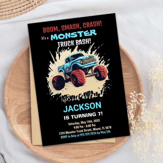 Svart Monster Lastbil-födelsedagsinbjudan Inbjudningar (Monster Truck Birthday Invitations Black)