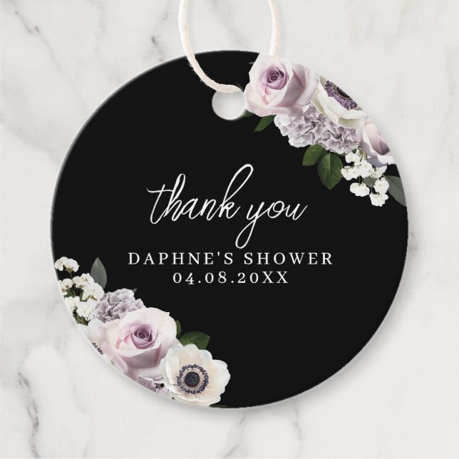 Svart Moody Anemon & Lila Blommig Bröllopsfest Gåvor Etiketter (Framsida)