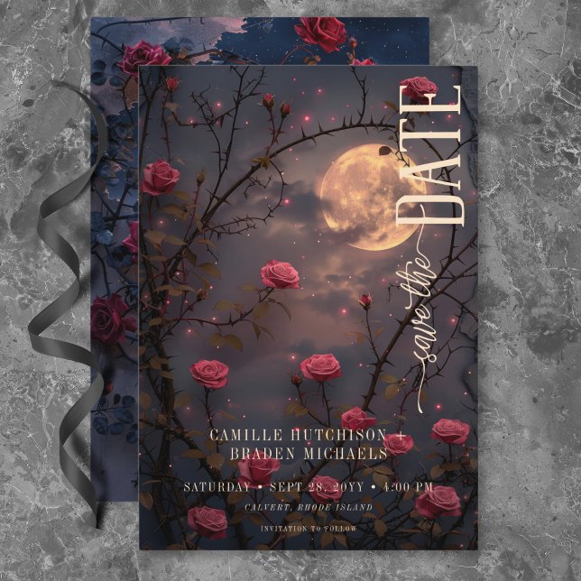 Svart Moody Gotham Måne & Röd ros Bröllop Spara Datumet (Black Moody Gothic Moon & Red Roses Wedding Save The Date)