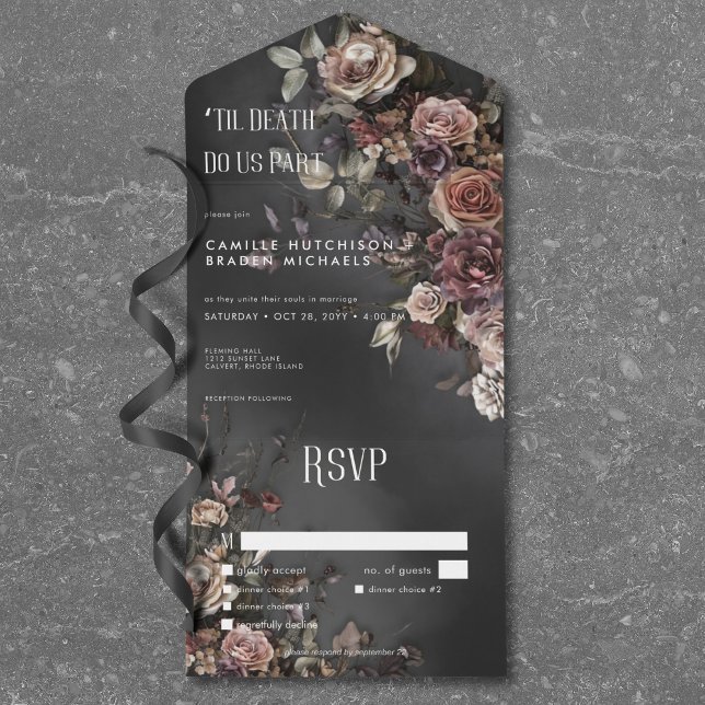 Svart Moody gotin-blommor och middagsmat (Black Moody Gothic Flowers & Mist Dinner All In One Invitation)