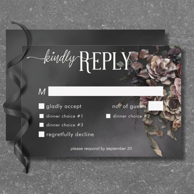 Svart Moody gotin-blommor och middagsmat OSA Kort (Black Moody Gothic Flowers & Mist Dinner RSVP Card)