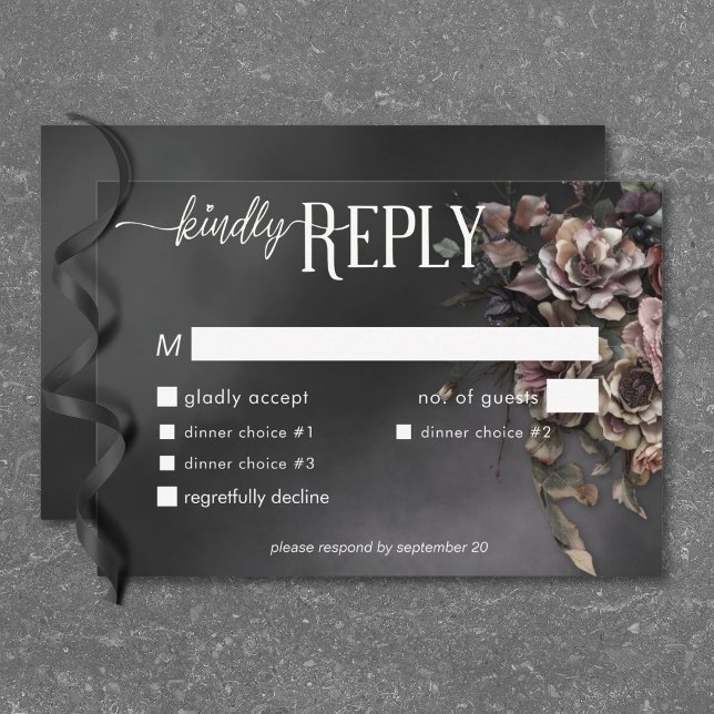 Svart Moody gotin-blommor och middagsmat OSA Kort (Black Moody Gothic Flowers & Mist Dinner RSVP Card)