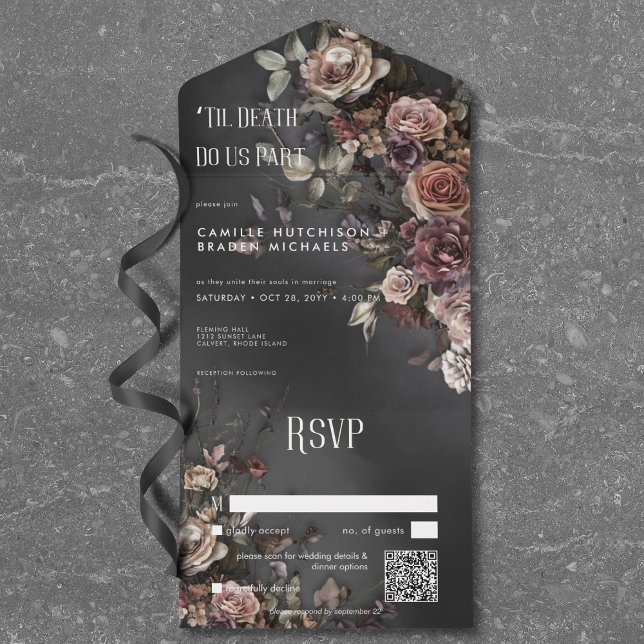 Svart Moody gotin Flowers & Mist QR-kod (Black Moody Gothic Flowers & Mist QR Code All In One Invitation)