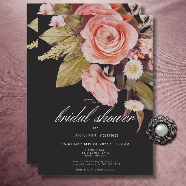 Svart Moody Rosa Rodnad Blommor Bröllopsfest Inbjudningar (Black Moody Pink Blush Blooms Bridal Shower Invitation)