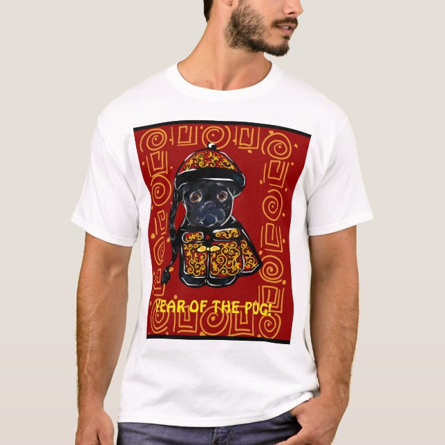 Svart Mops År för Hunden Tee (Framsida)