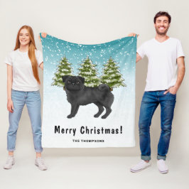 Svart Mops Cuteness Tecknad Hund Snöig Vinter Skog Fleecefilt