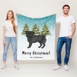 Svart Mops Cuteness Tecknad Hund Snöig Vinter Skog Fleecefilt