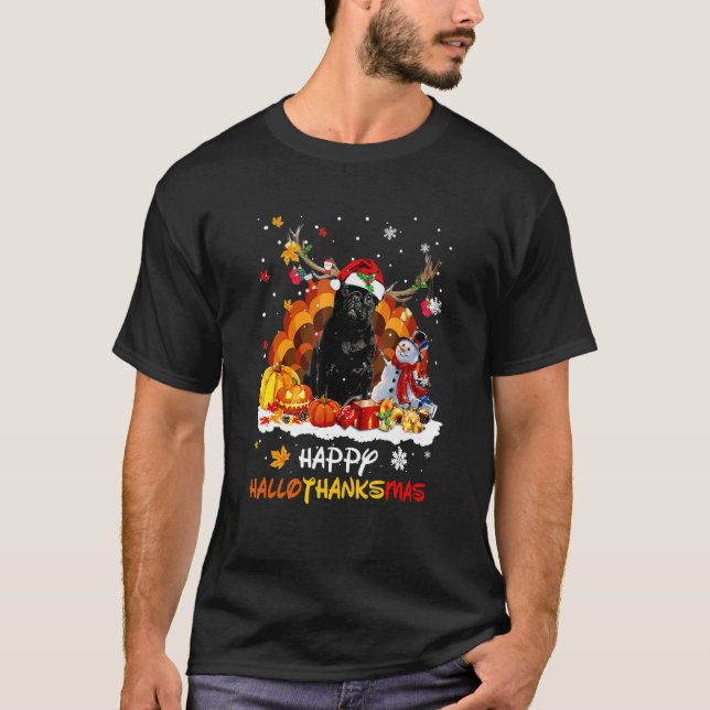 Svart Mops Glad Hallothanksmas T Shirt (Framsida)