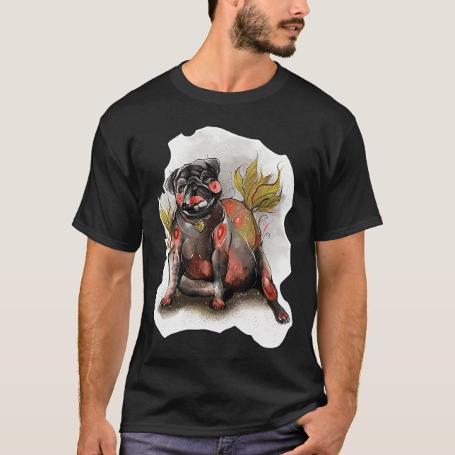 Svart Mops Glödlampa T Shirt (Framsida)