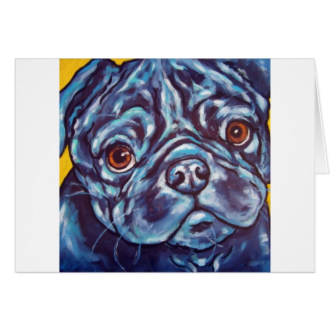 Svart mops hälsningskort (Framsidan Horizontal)