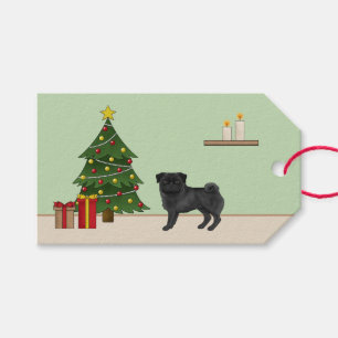 Svart Mops Söt Tecknad Hund Med Ett Julträd Presentetikett