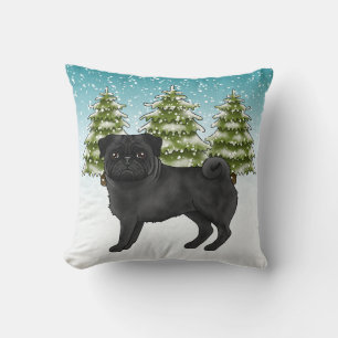 Svart Mops Söt Tecknad Hund Snöig Vinter Skog Kudde