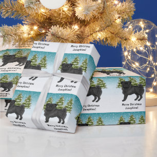 Svart Mops Söt Tecknad Hund Snöig Vinter Skog Presentpapper