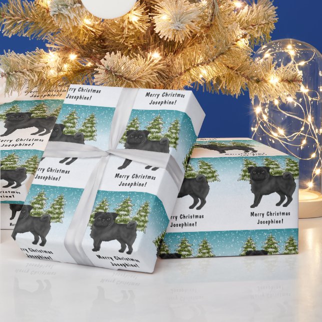 Svart Mops Söt Tecknad Hund Snöig Vinter Skog Presentpapper (Helgdagar)