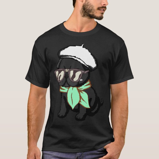 Svart Mops Valp Grön Skärp Pixel Art T Shirt (Framsida)