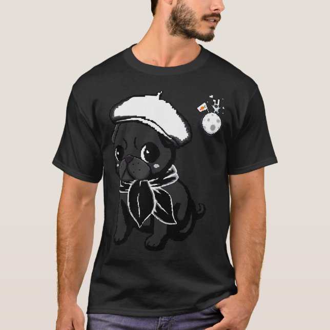Svart Mops Valp Måne och Kanin Pixel Art T Shirt (Framsida)