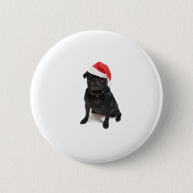 Svart mopshund med den röda santa hatten knapp (Framsida)