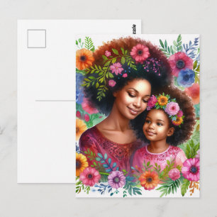 Svart mor och dotter Blommor Vattenfärg Vykort