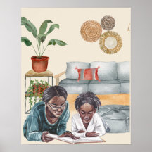 Svart Mor och Dotter som läser ihop väggkonst