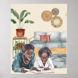 Svart Mor och Dotter som läser ihop väggkonst