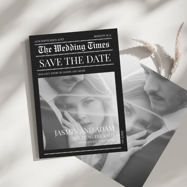 Svart Mörk i nyhetsbladet Unikt foto Bröllop Spara Datumet (Newspaper Black Dark Mode Unique Photo Wedding Save The Date)